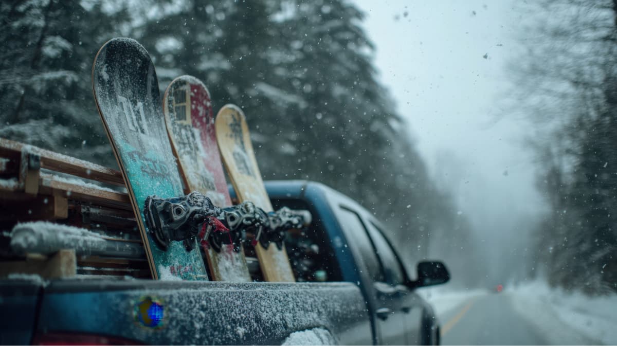 skis in back of truck
